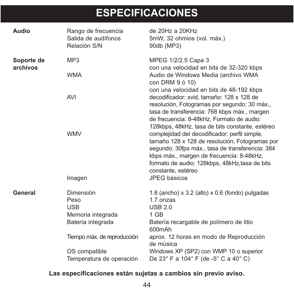 Especificaciones | Memorex MMP8568-SPT User Manual | Page 90 / 92