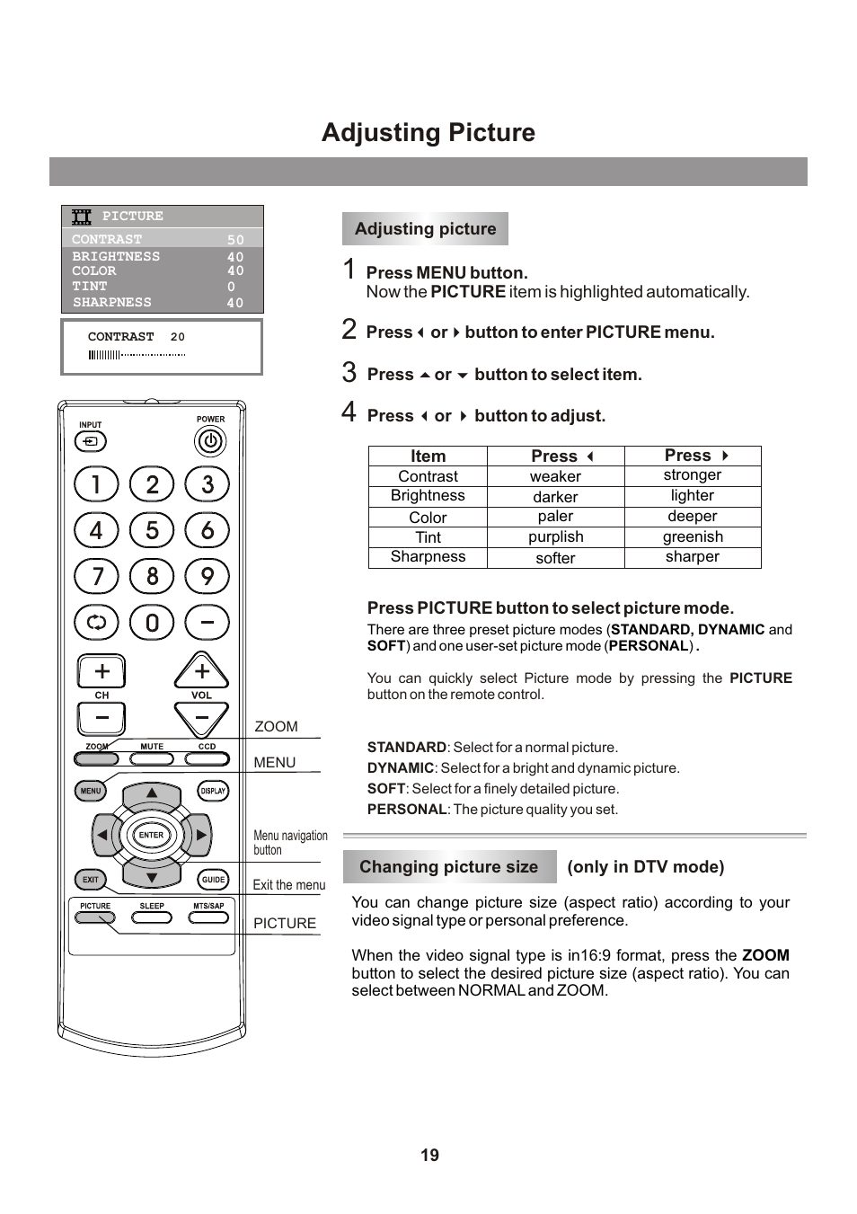 Adjusting picture | Memorex Flat Screen Tv User Manual | Page 21 / 71