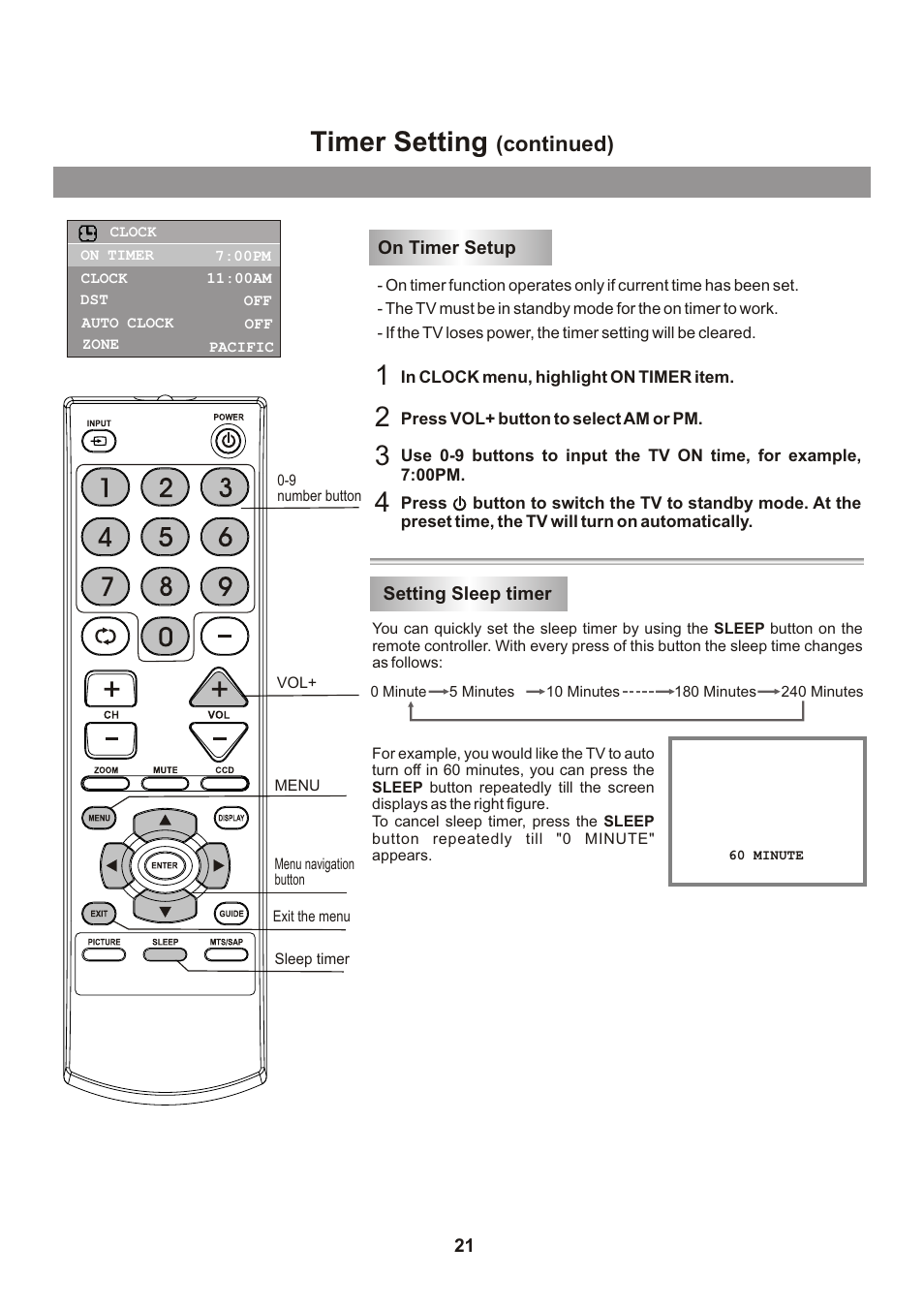 Timer setting, Continued) | Memorex Flat Screen Tv User Manual | Page 23 / 71