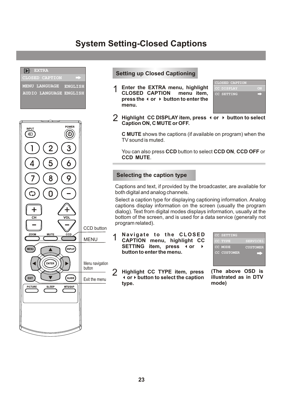 System setting-closed captions | Memorex Flat Screen Tv User Manual | Page 25 / 71