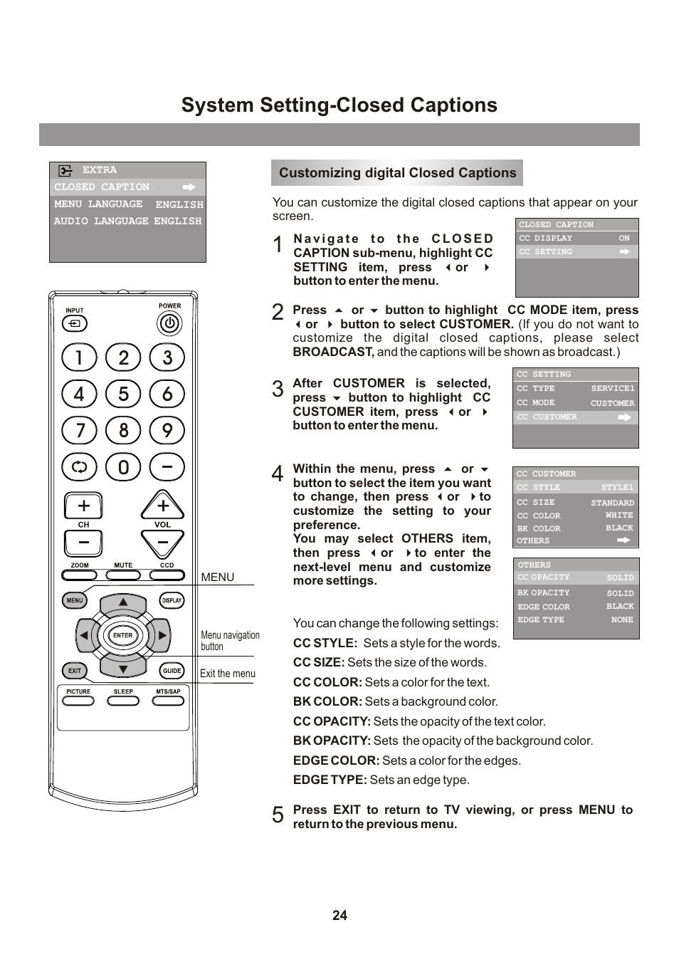 System setting-closed captions, Customizing digital closed captions | Memorex Flat Screen Tv User Manual | Page 26 / 71