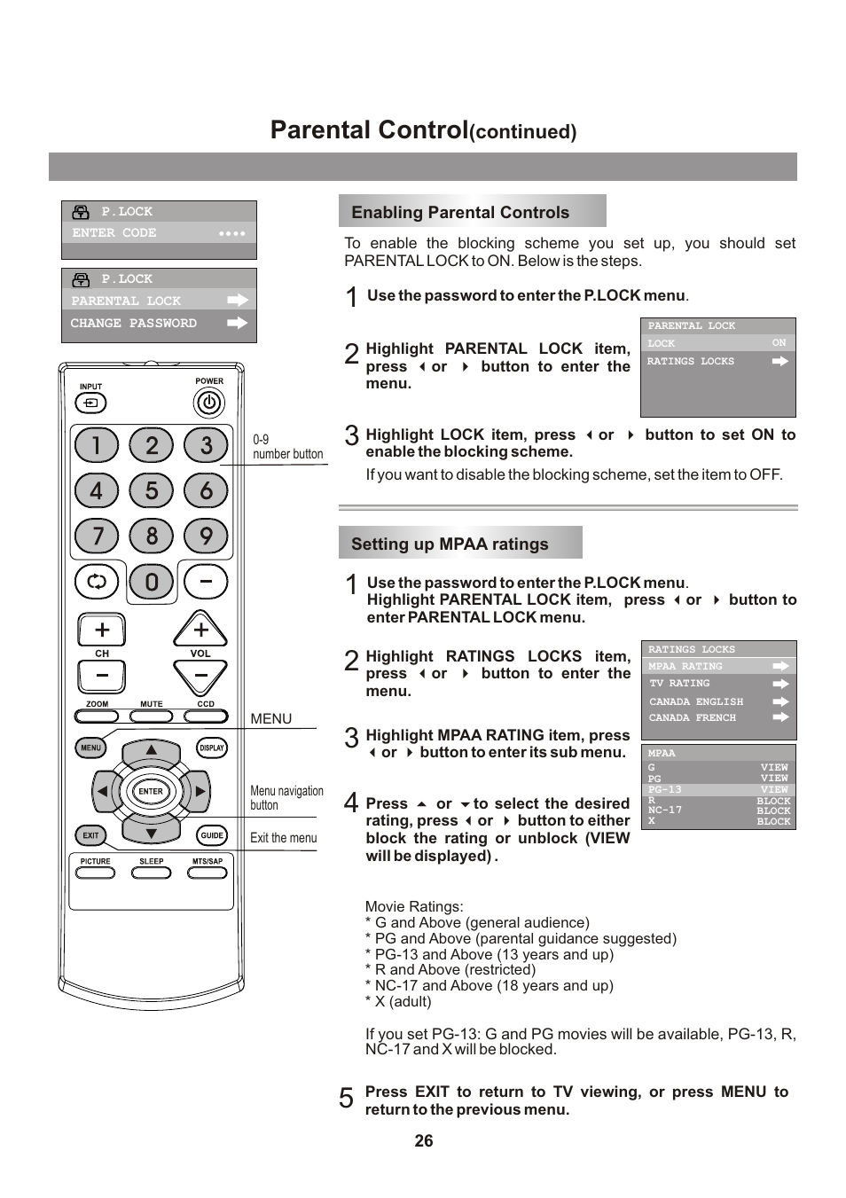 Parental control, Continued) | Memorex Flat Screen Tv User Manual | Page 28 / 71