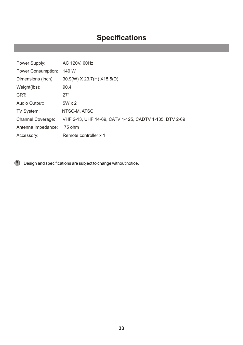 Specifications | Memorex Flat Screen Tv User Manual | Page 35 / 71