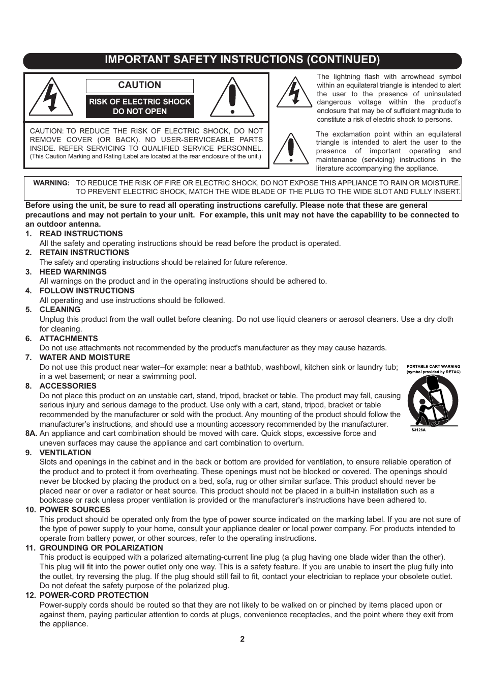 Important safety instructions (continued) | Memorex Flat Screen Tv User Manual | Page 4 / 71