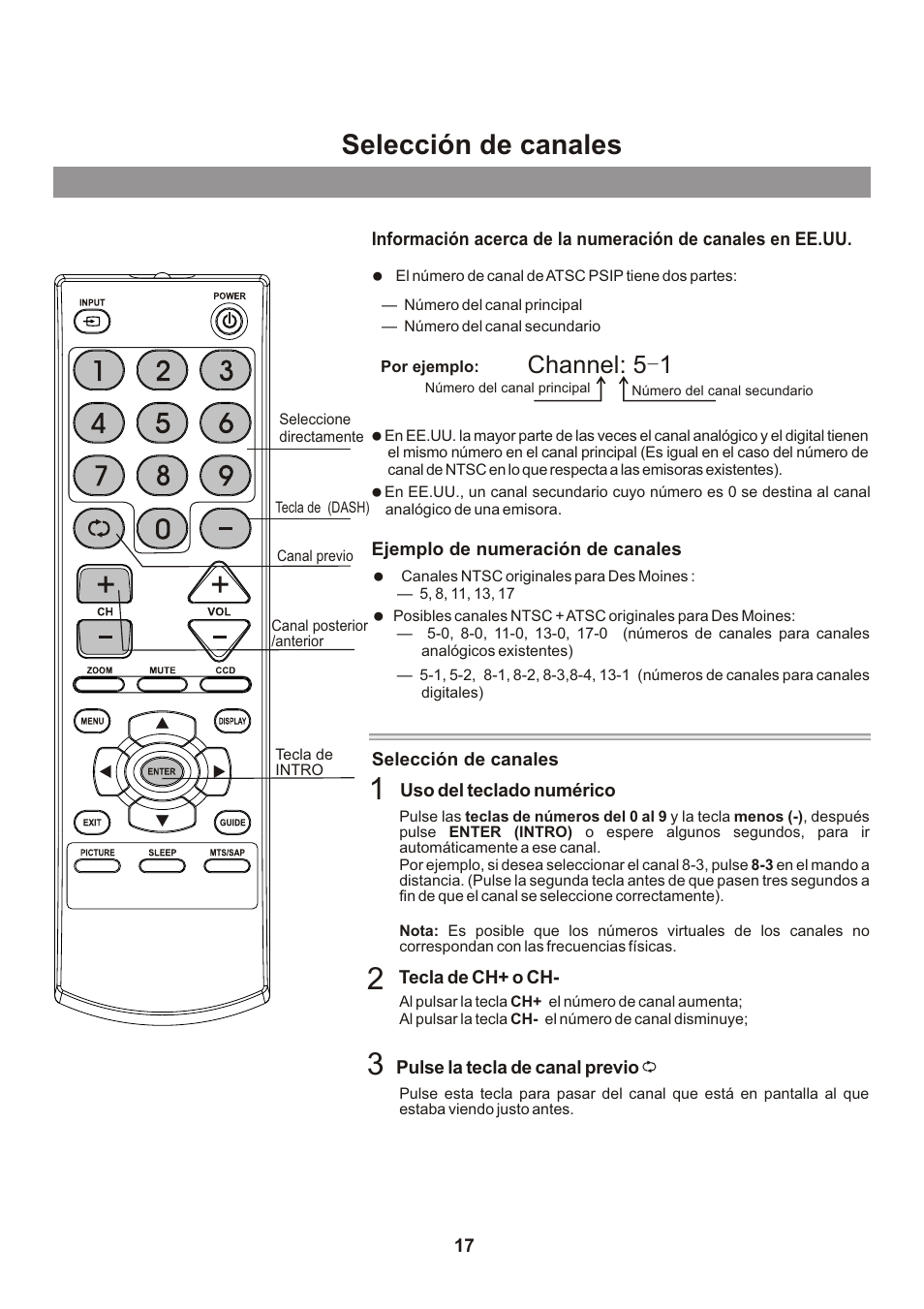 Selección de canales, Channel: 5-1 | Memorex Flat Screen Tv User Manual | Page 53 / 71