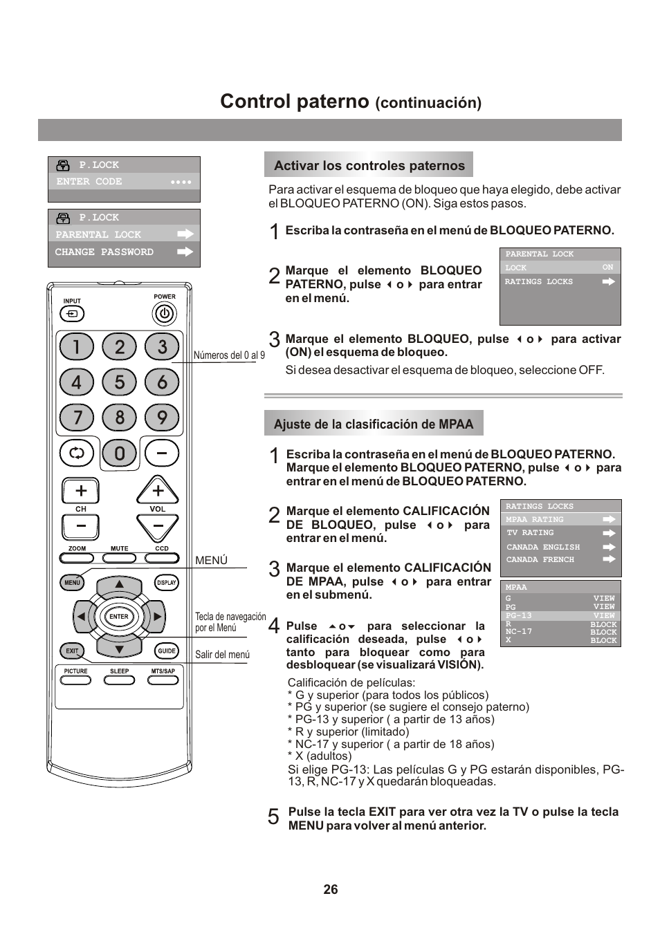 Control paterno, Continuación) | Memorex Flat Screen Tv User Manual | Page 62 / 71