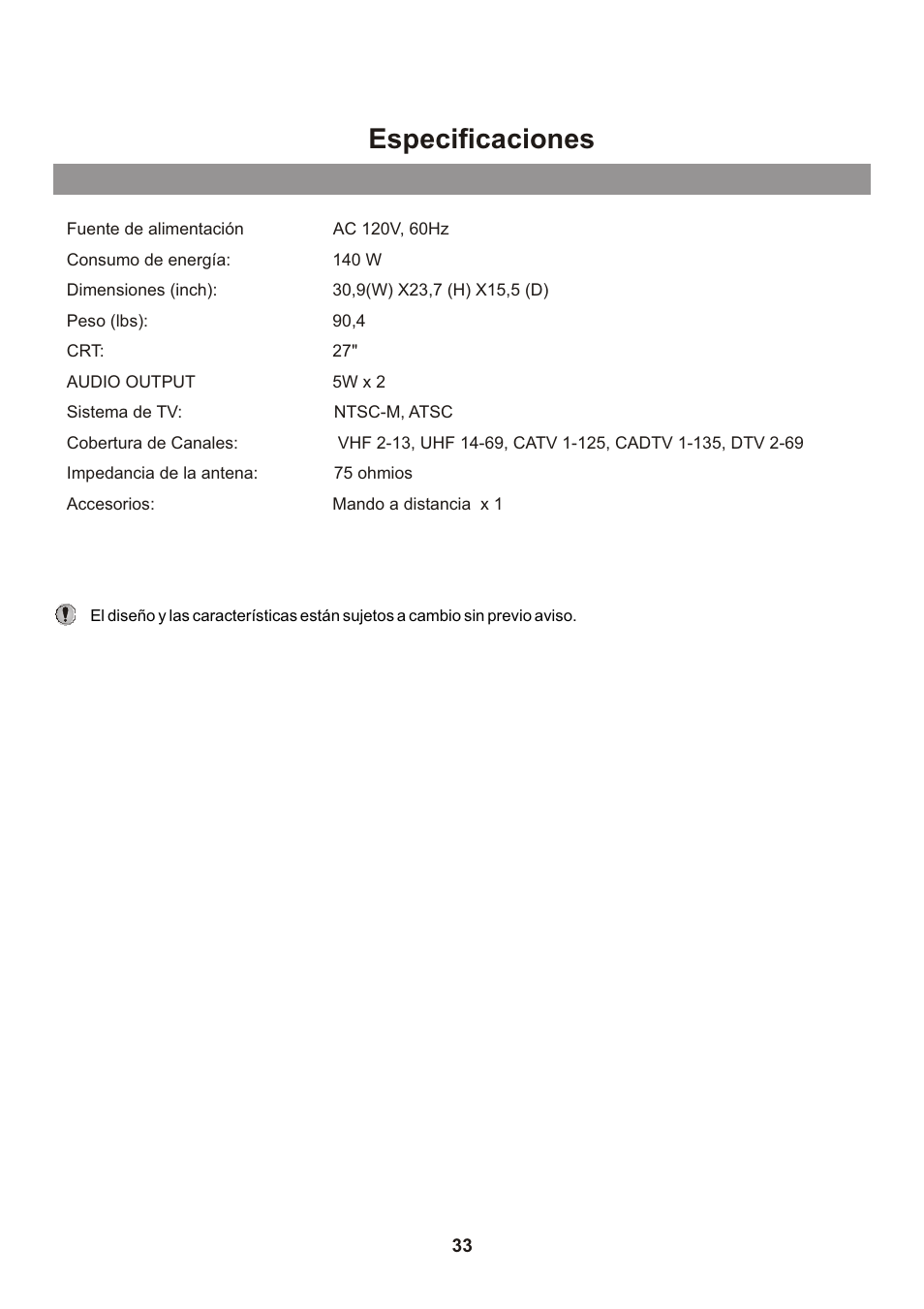 Especificaciones | Memorex Flat Screen Tv User Manual | Page 69 / 71