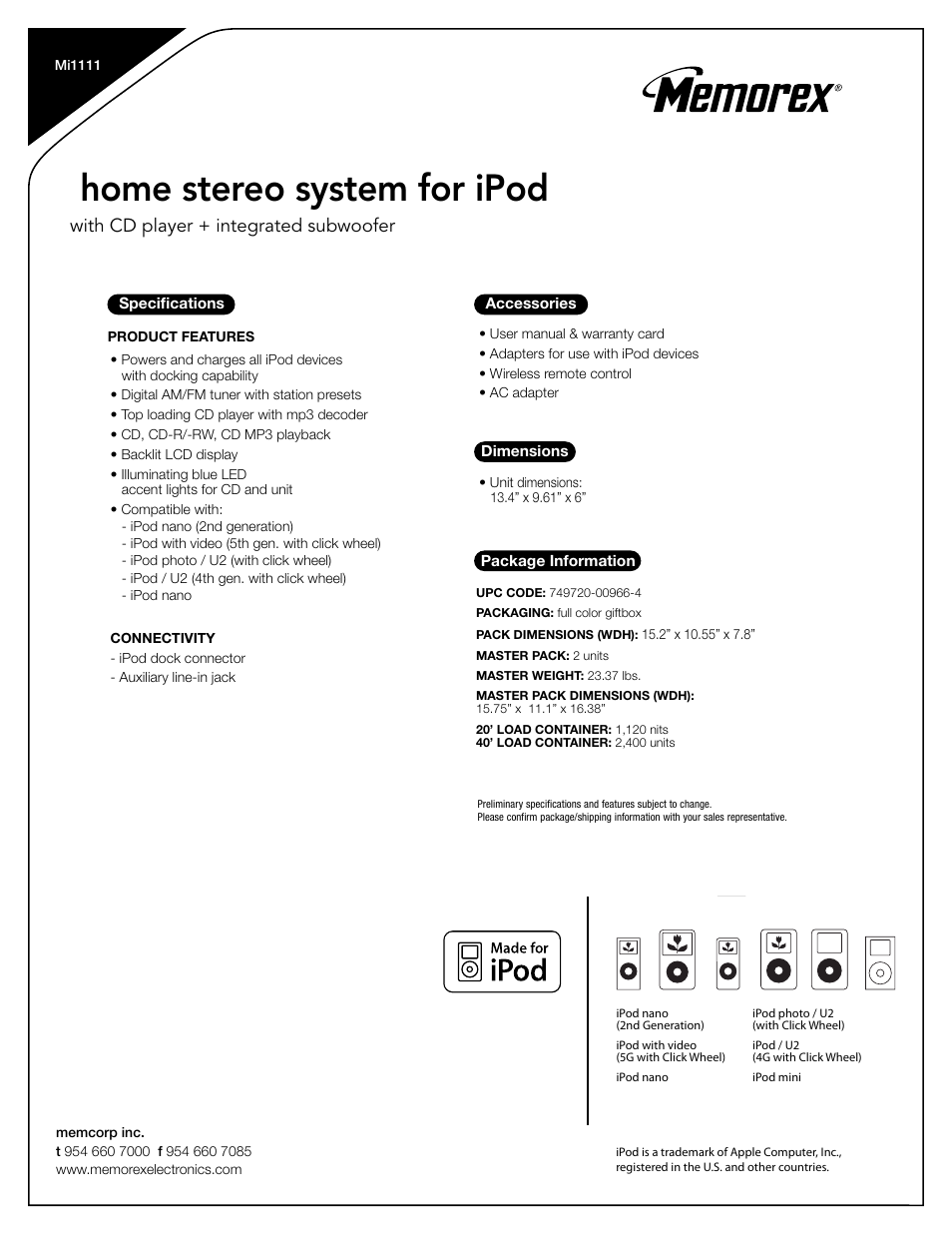 Home stereo system for ipod, With cd player + integrated subwoofer | Memorex 749720-00966-4 User Manual | Page 2 / 2