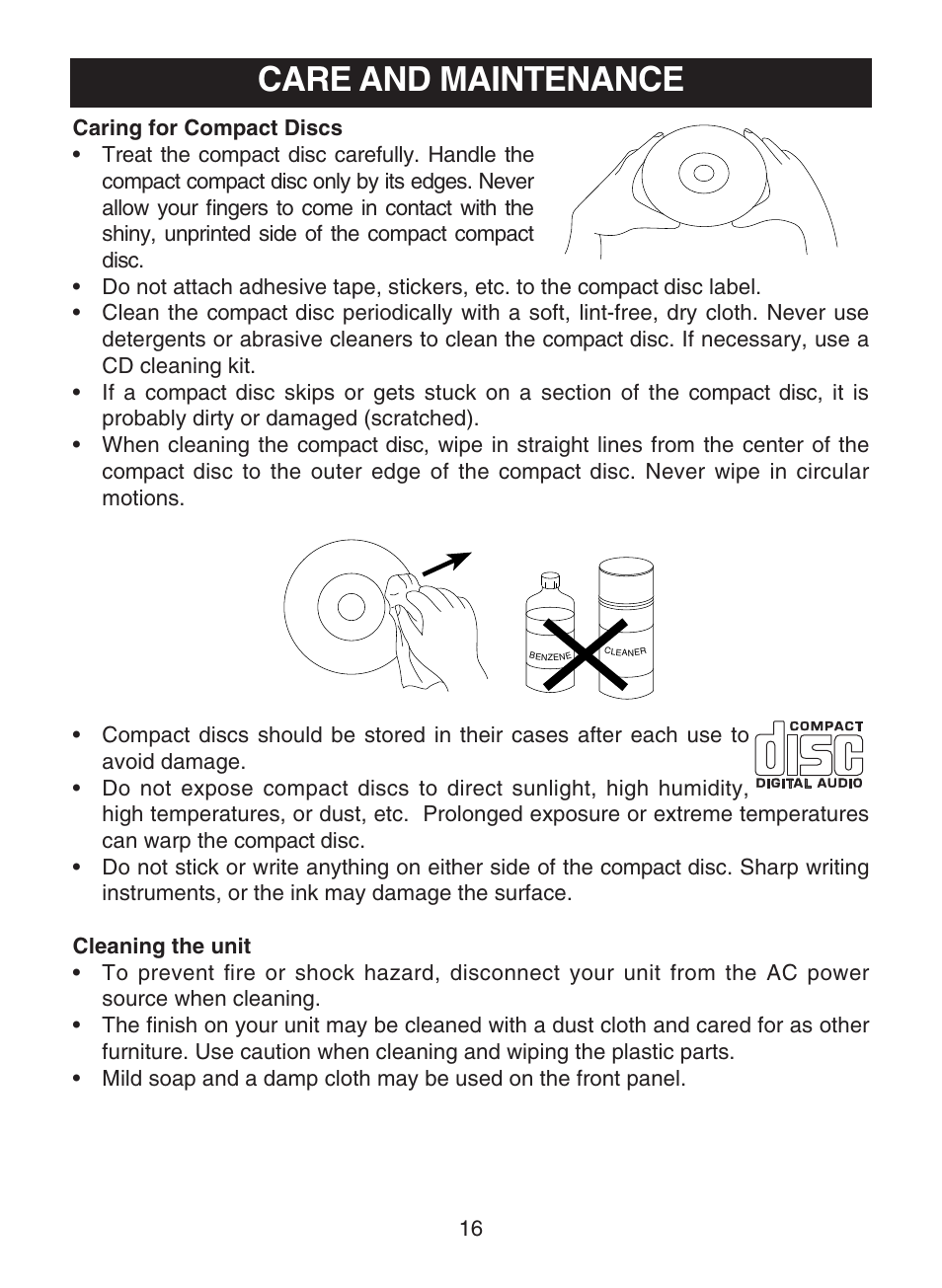 Care and maintenance | Memorex MC1009 User Manual | Page 17 / 19