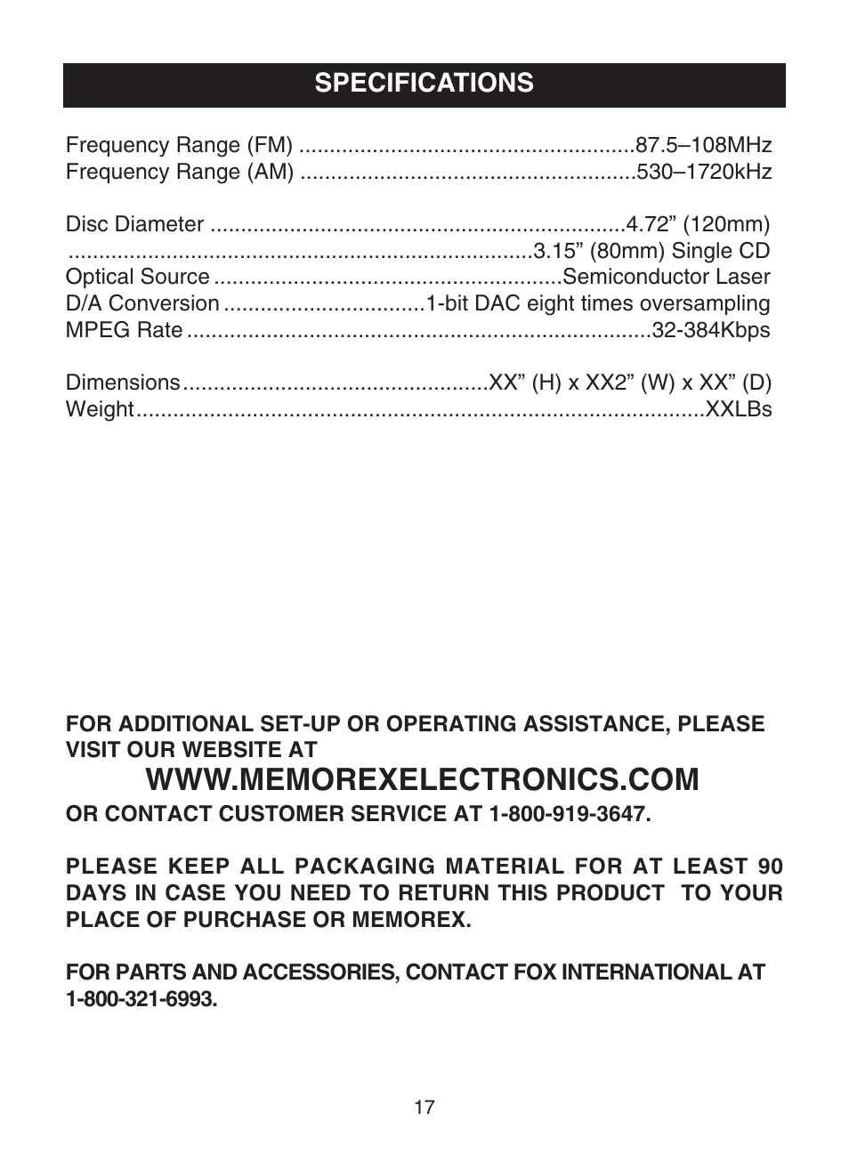 Specifications | Memorex MC1009 User Manual | Page 18 / 19