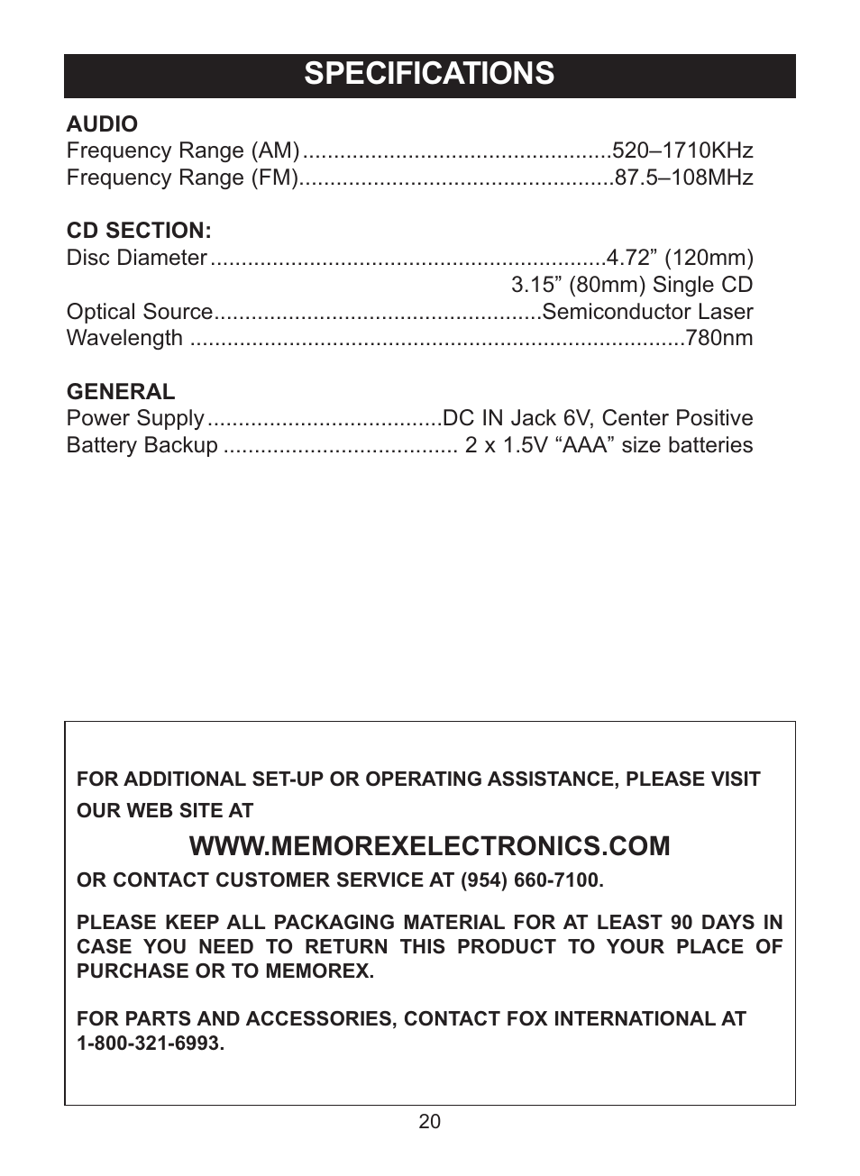 Specifications | Memorex MC7101 User Manual | Page 21 / 22