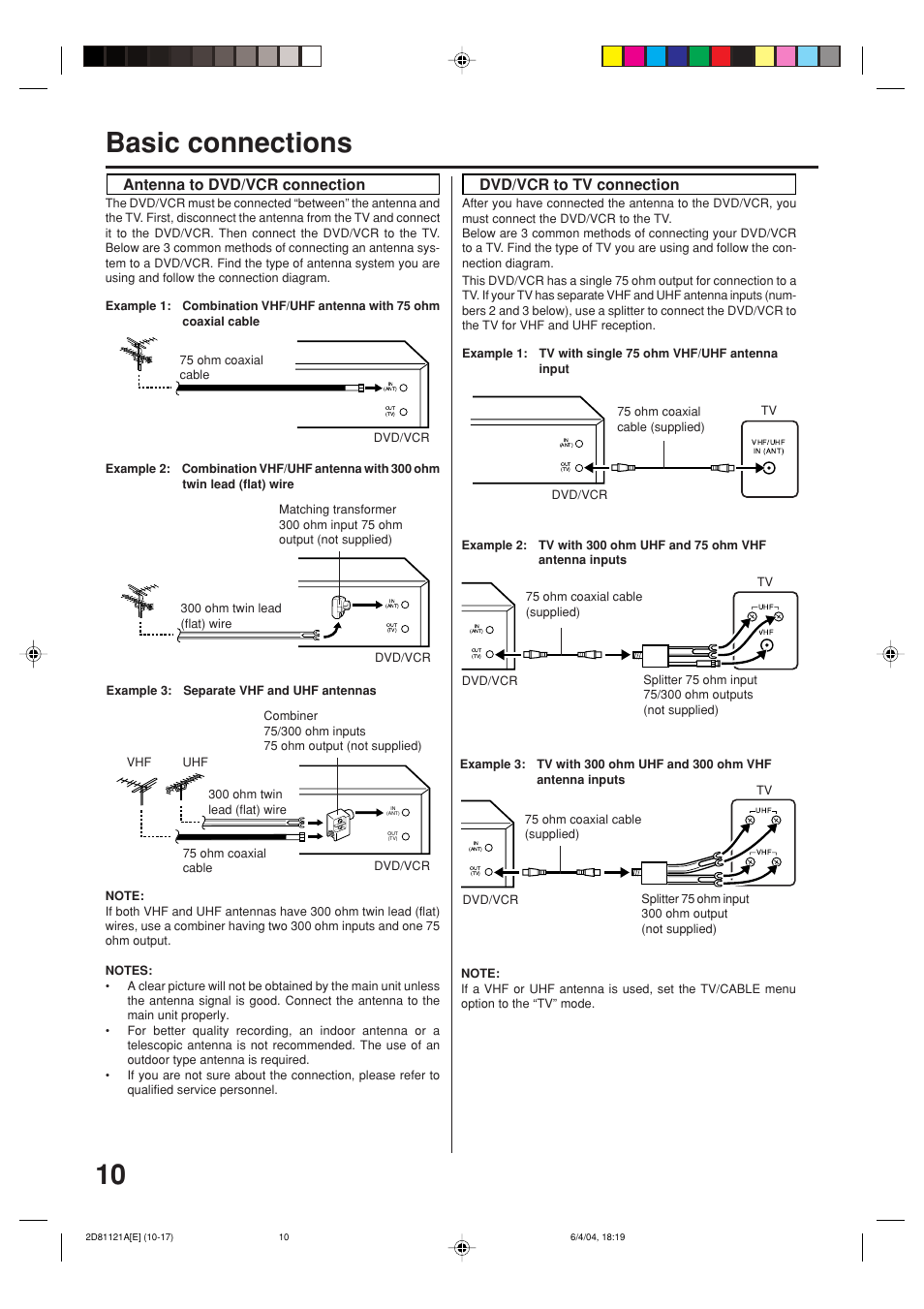 10 basic connections, Antenna to dvd/vcr connection, Dvd/vcr to tv connection | Memorex MVD4540C User Manual | Page 10 / 68