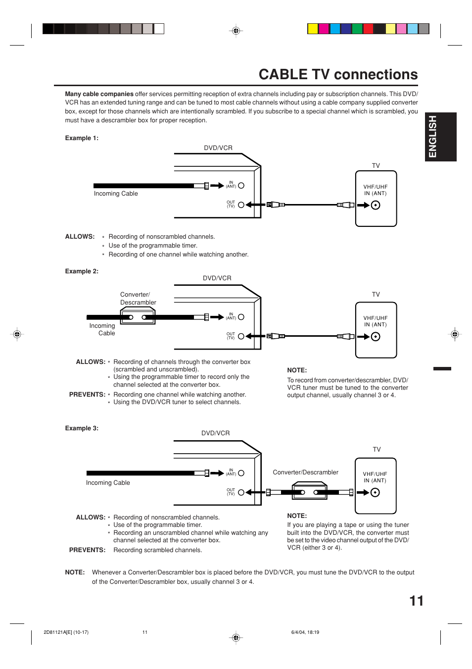 Cable tv connections, English | Memorex MVD4540C User Manual | Page 11 / 68