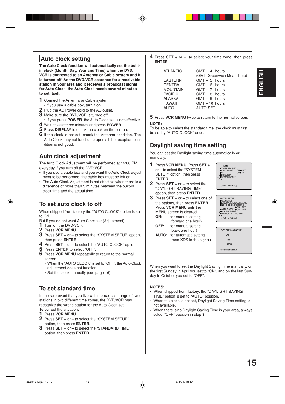 English, Auto clock setting, Auto clock adjustment | Daylight saving time setting | Memorex MVD4540C User Manual | Page 15 / 68