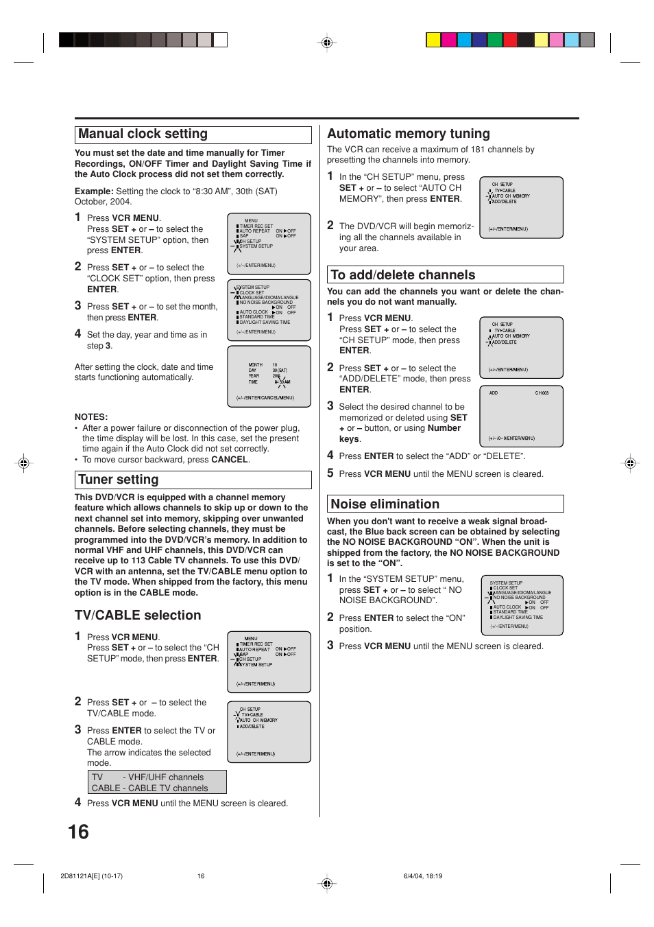 Tuner setting tv/cable selection, Manual clock setting, Noise elimination | Memorex MVD4540C User Manual | Page 16 / 68