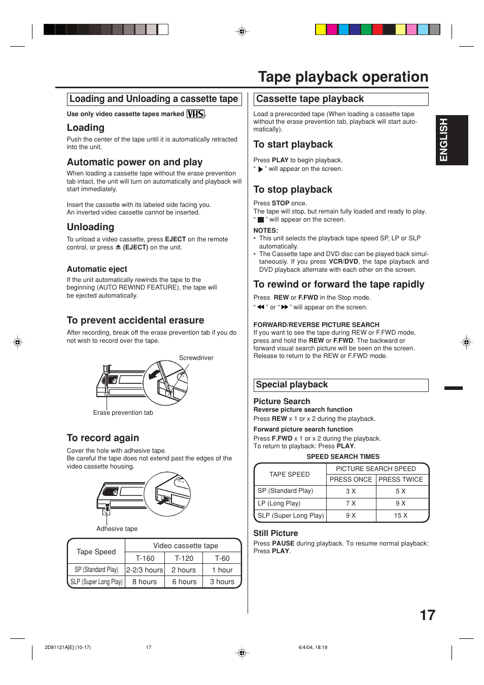 Tape playback operation, English, Automatic power on and play | Loading, Unloading | Memorex MVD4540C User Manual | Page 17 / 68