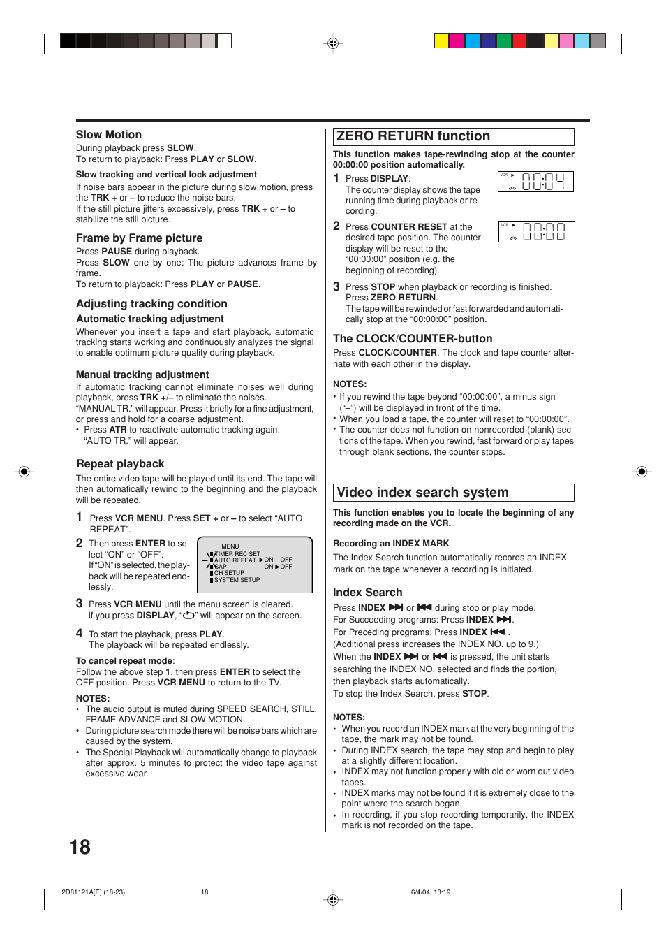 Video index search system, Zero return function, Frame by frame picture | The clock/counter-button, Index search, Slow motion, Adjusting tracking condition, Repeat playback | Memorex MVD4540C User Manual | Page 18 / 68