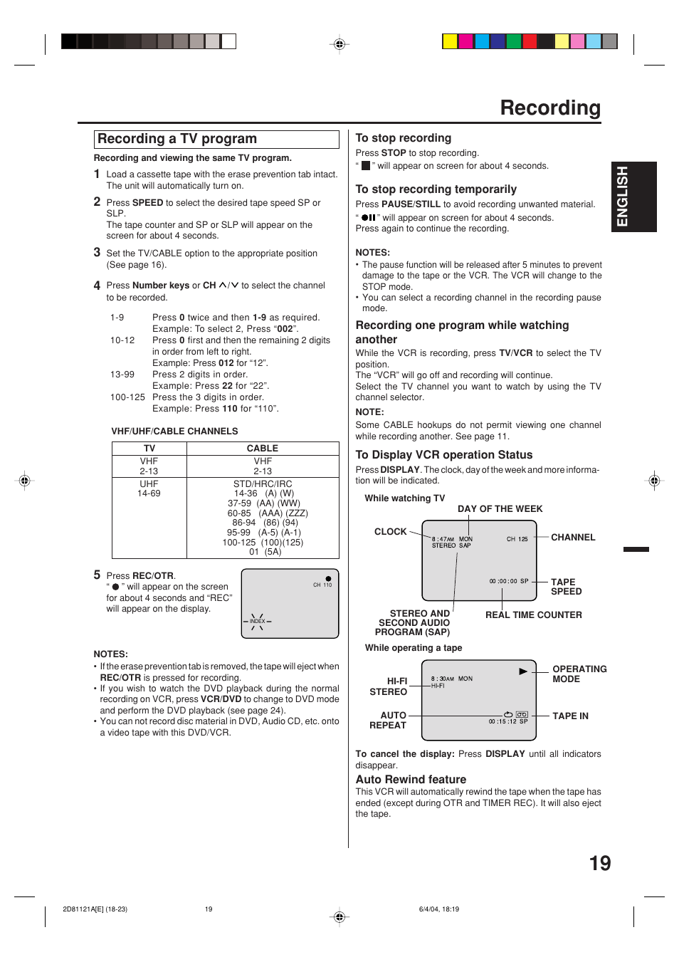 Recording, English, Recording a tv program | Recording one program while watching another, Auto rewind feature | Memorex MVD4540C User Manual | Page 19 / 68