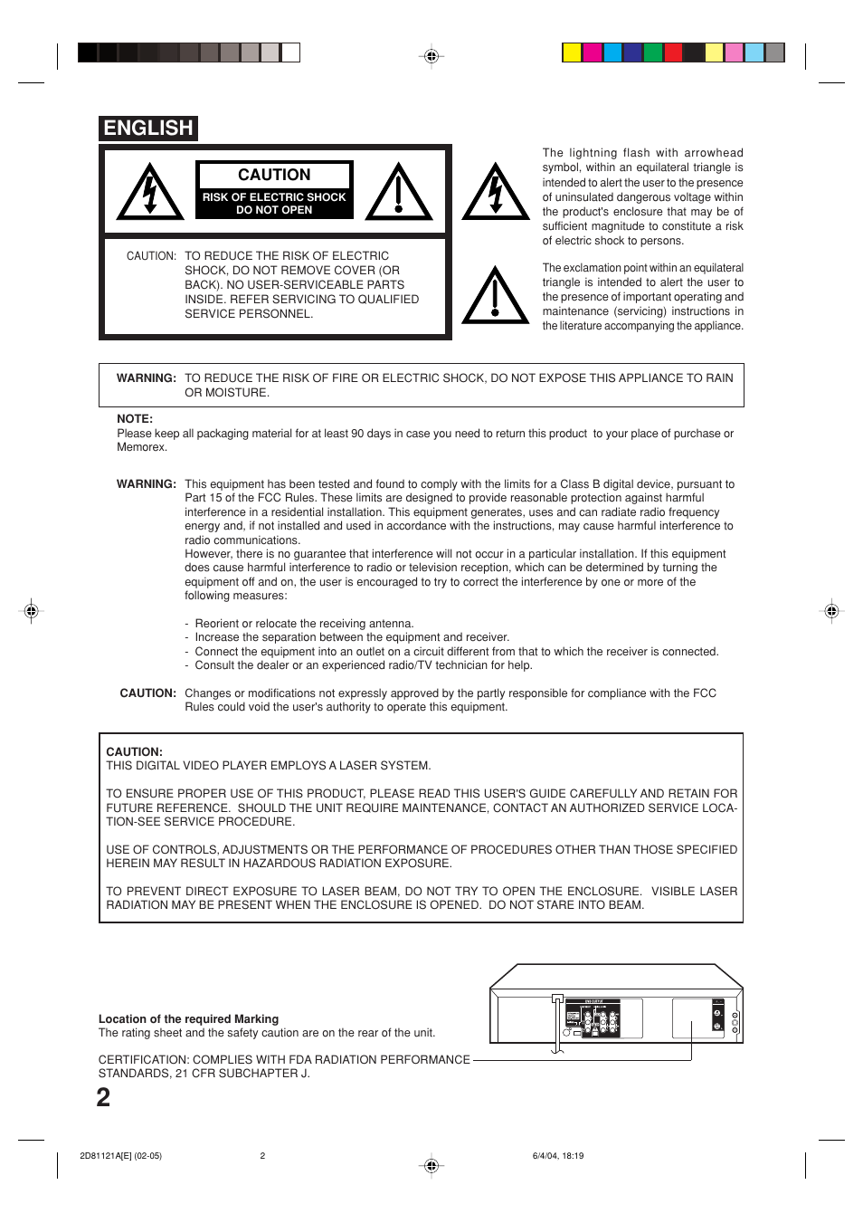 English, Caution | Memorex MVD4540C User Manual | Page 2 / 68