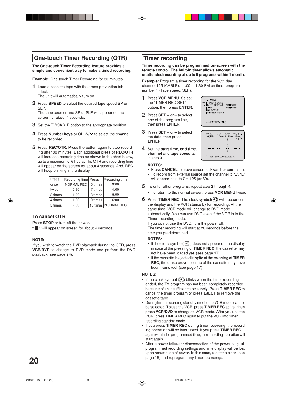 One-touch timer recording (otr) timer recording | Memorex MVD4540C User Manual | Page 20 / 68