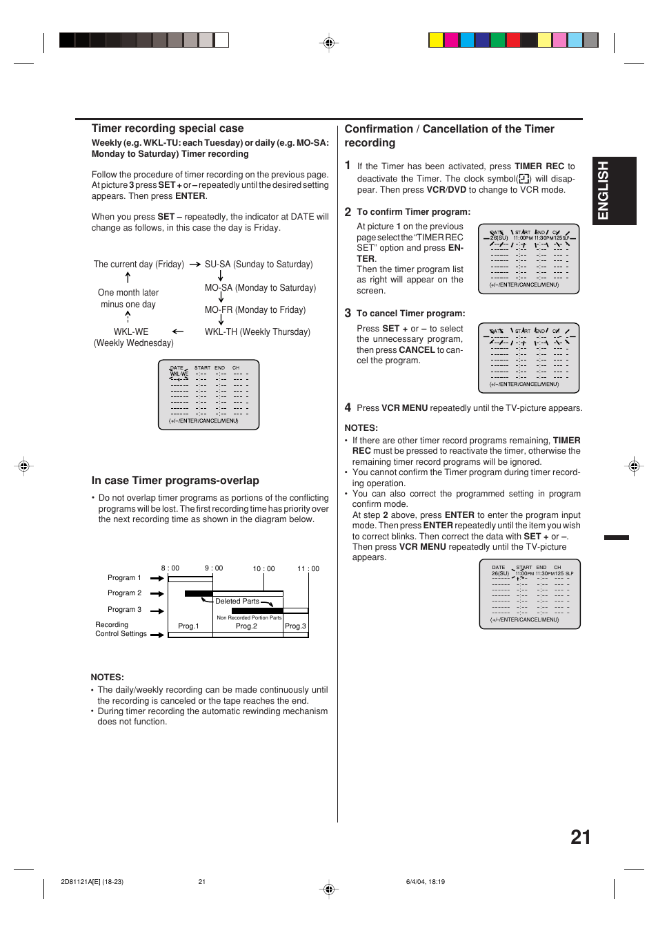 English, Timer recording special case, Confirmation / cancellation of the timer recording | Memorex MVD4540C User Manual | Page 21 / 68