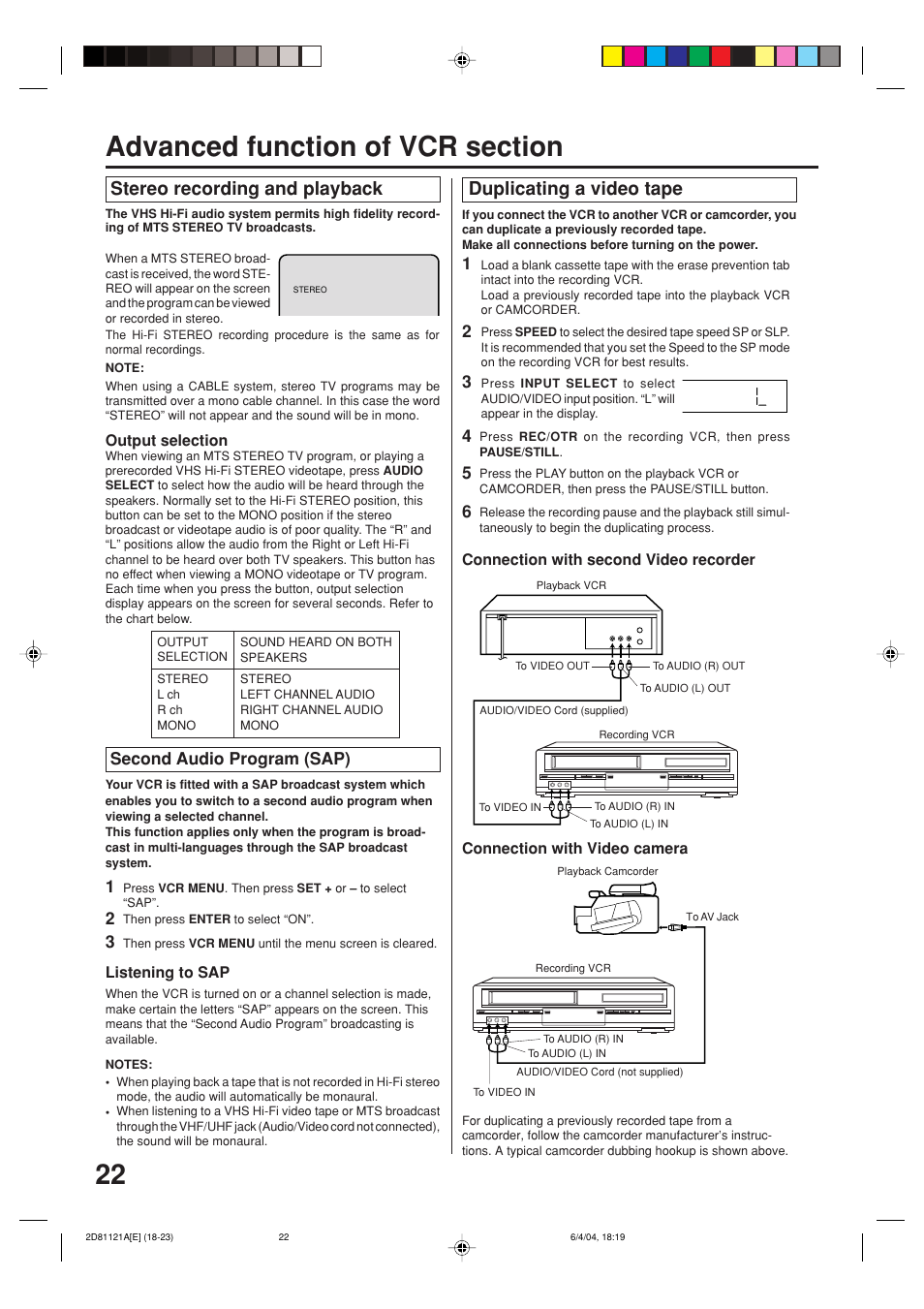 Stereo recording and playback, Duplicating a video tape, Second audio program (sap) | Memorex MVD4540C User Manual | Page 22 / 68