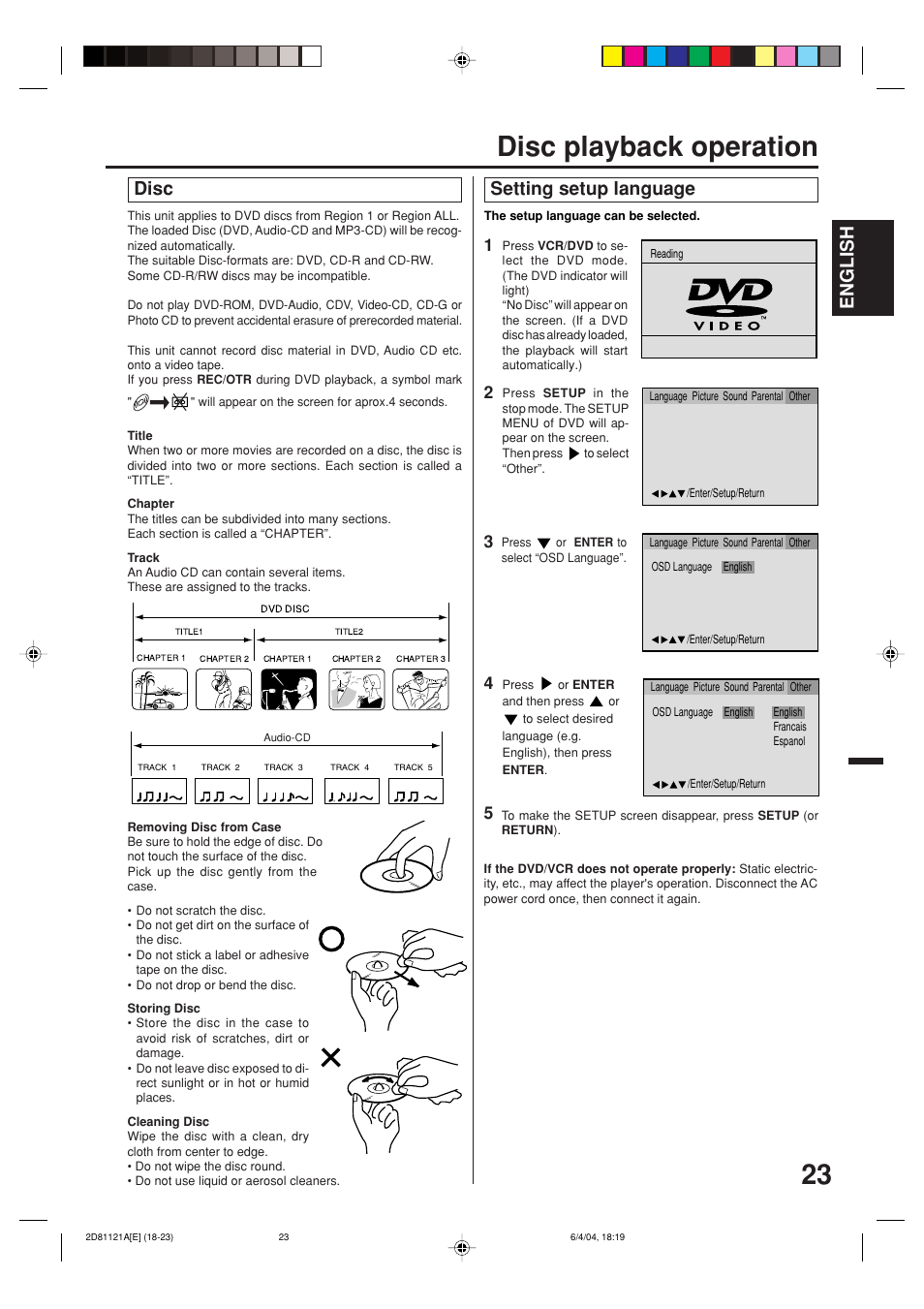 Disc playback operation, English, Disc | Setting setup language | Memorex MVD4540C User Manual | Page 23 / 68