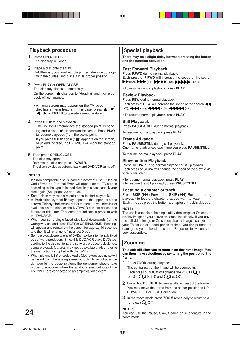 Playback procedure special playback, Zooming | Memorex MVD4540C User Manual | Page 24 / 68