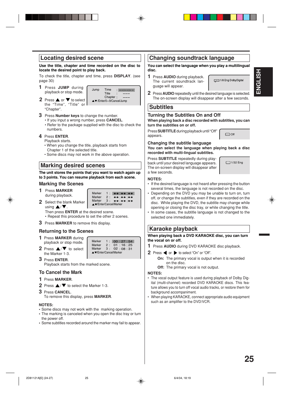 English, Locating desired scene, Marking desired scenes | Changing soundtrack language, Subtitles karaoke playback | Memorex MVD4540C User Manual | Page 25 / 68