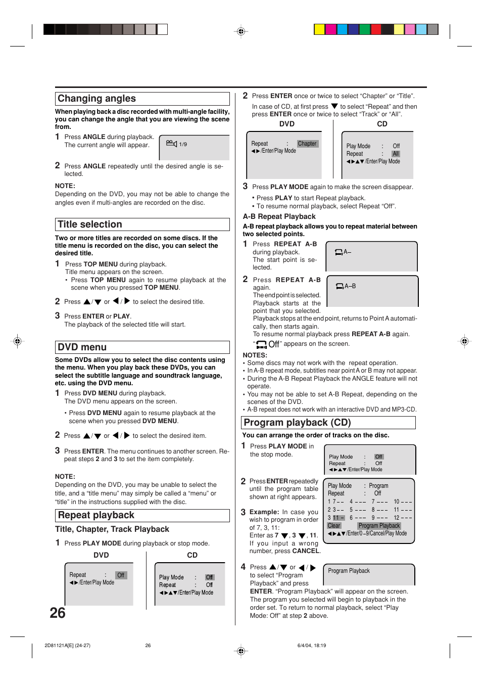 Changing angles, Title selection, Dvd menu | Repeat playback, Program playback (cd) | Memorex MVD4540C User Manual | Page 26 / 68