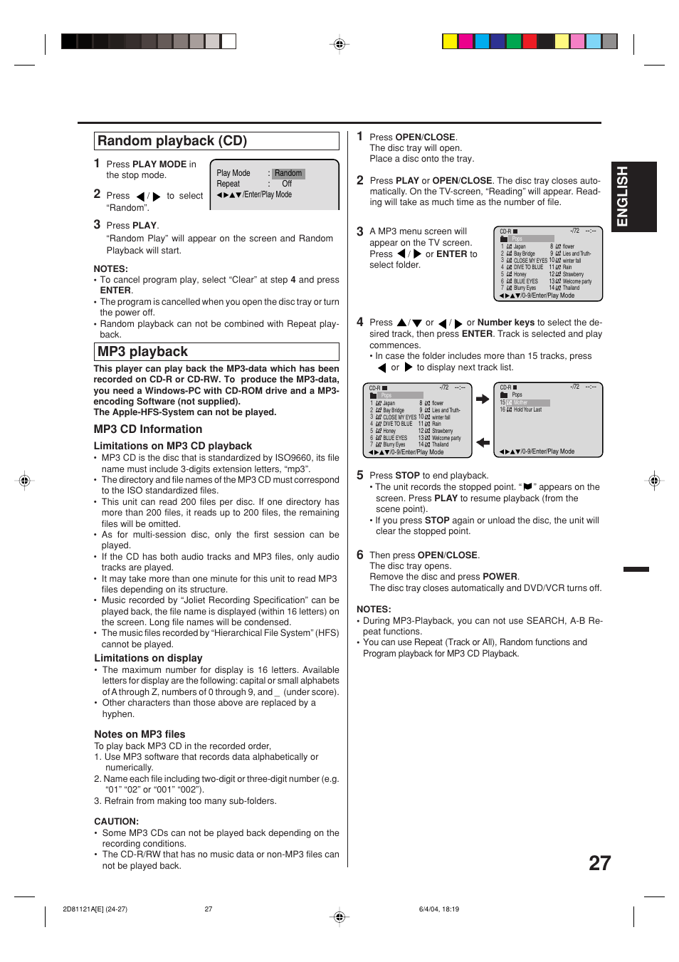 English, Random playback (cd), Mp3 playback | Mp3 cd information | Memorex MVD4540C User Manual | Page 27 / 68