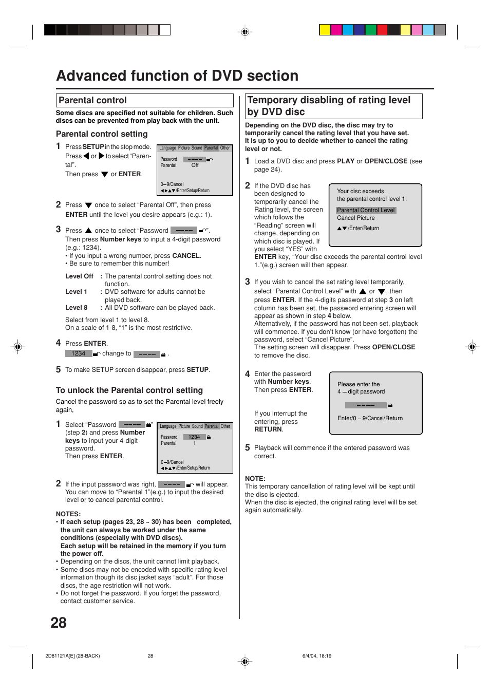 Temporary disabling of rating level by dvd disc, Parental control | Memorex MVD4540C User Manual | Page 28 / 68