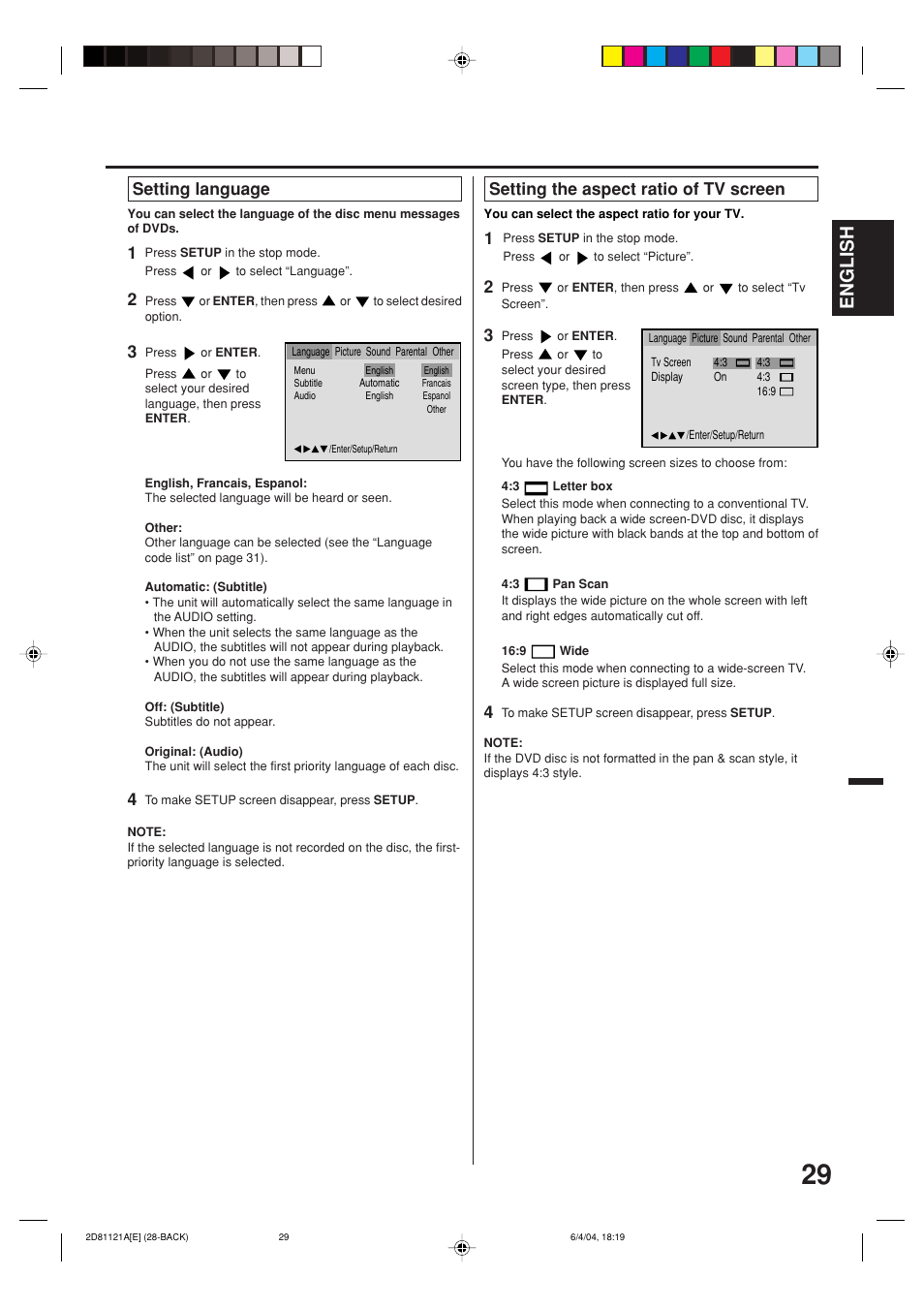 English, Setting language, Setting the aspect ratio of tv screen | Memorex MVD4540C User Manual | Page 29 / 68