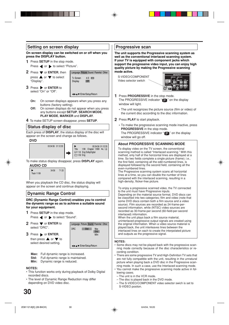 Setting on screen display, Progressive scan, Status display of disc | Dynamic range control | Memorex MVD4540C User Manual | Page 30 / 68