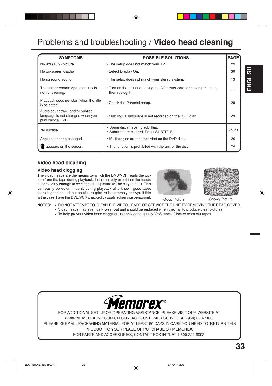 Problems and troubleshooting / video head cleaning, English, Video head cleaning | Memorex MVD4540C User Manual | Page 33 / 68