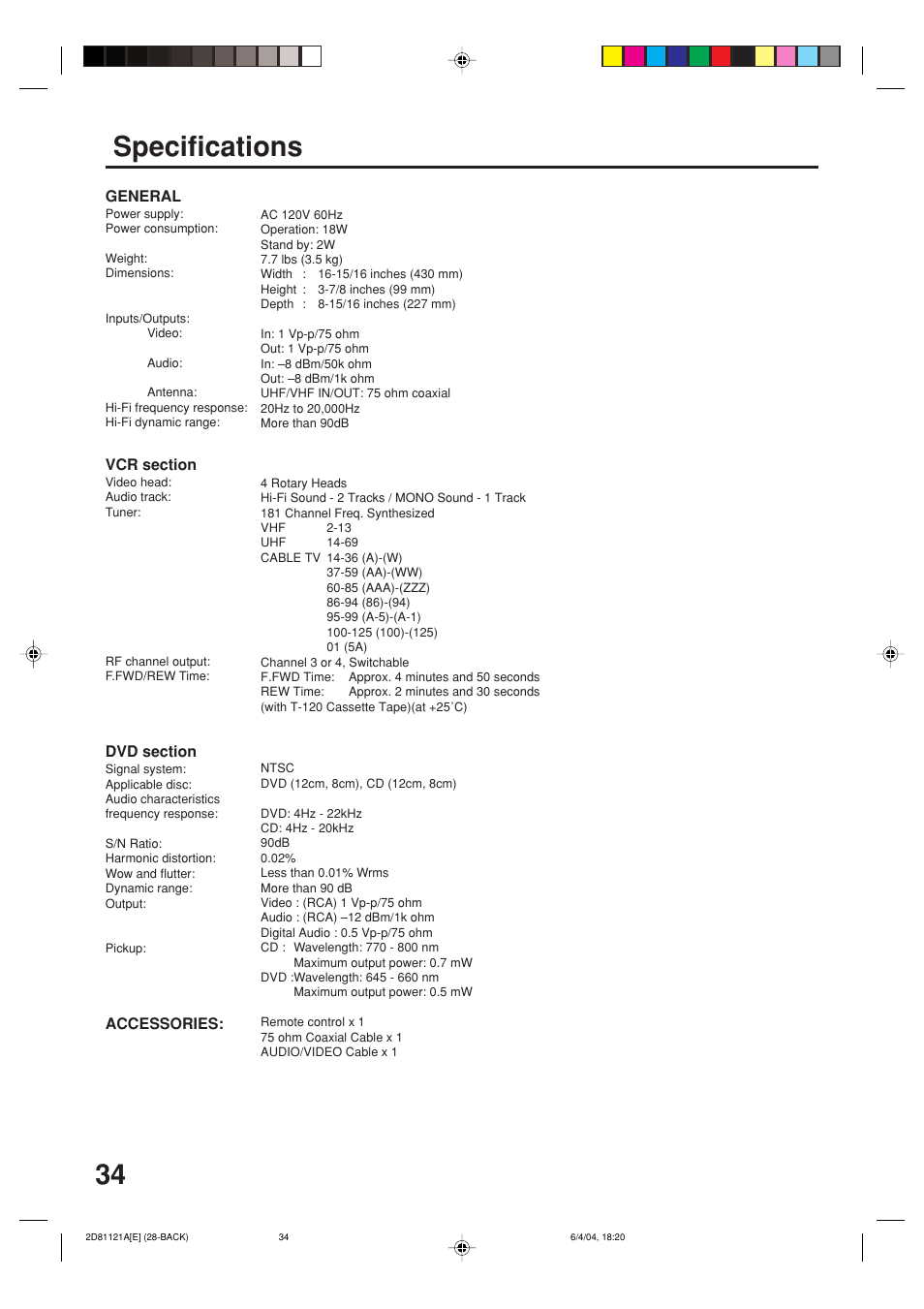 34 specifications | Memorex MVD4540C User Manual | Page 34 / 68