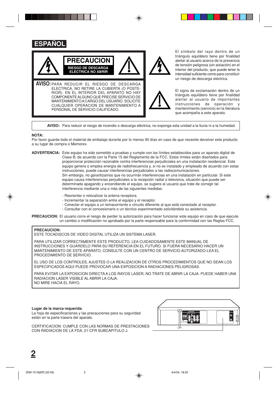 Español, Precaucion, Aviso | Memorex MVD4540C User Manual | Page 36 / 68