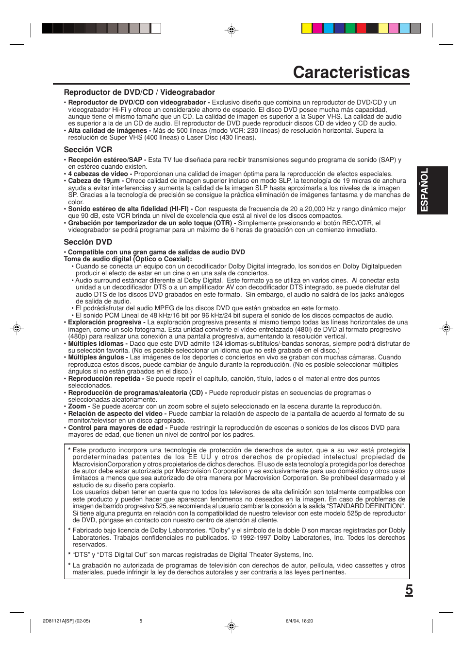 Caracteristicas, Esp a ñ ol | Memorex MVD4540C User Manual | Page 39 / 68