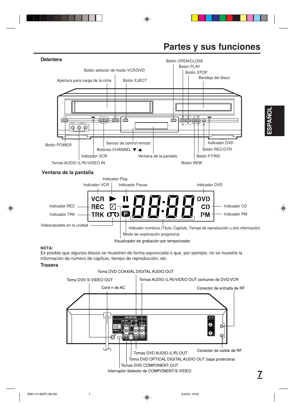 Partes y sus funciones, Esp a ñ ol, Delantera ventana de la pantalla trasera | Memorex MVD4540C User Manual | Page 41 / 68