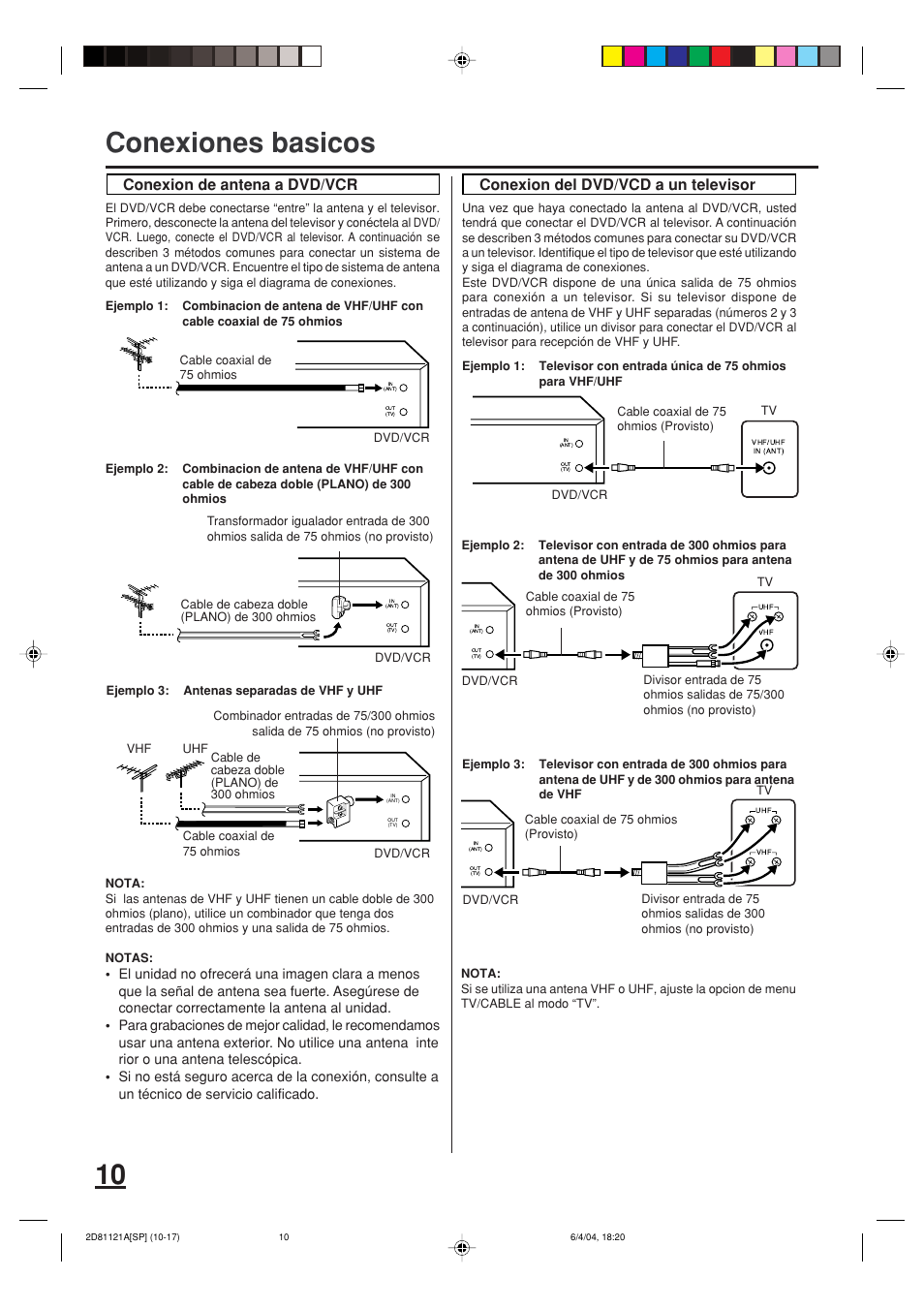 Conexiones basicos, Conexion de antena a dvd/vcr, Conexion del dvd/vcd a un televisor | Memorex MVD4540C User Manual | Page 44 / 68