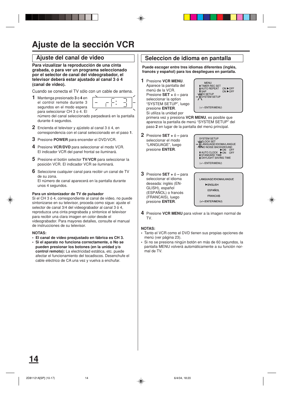 Ajuste de la sección vcr, Ajuste del canal de video, Seleccion de idioma en pantalla | Memorex MVD4540C User Manual | Page 48 / 68