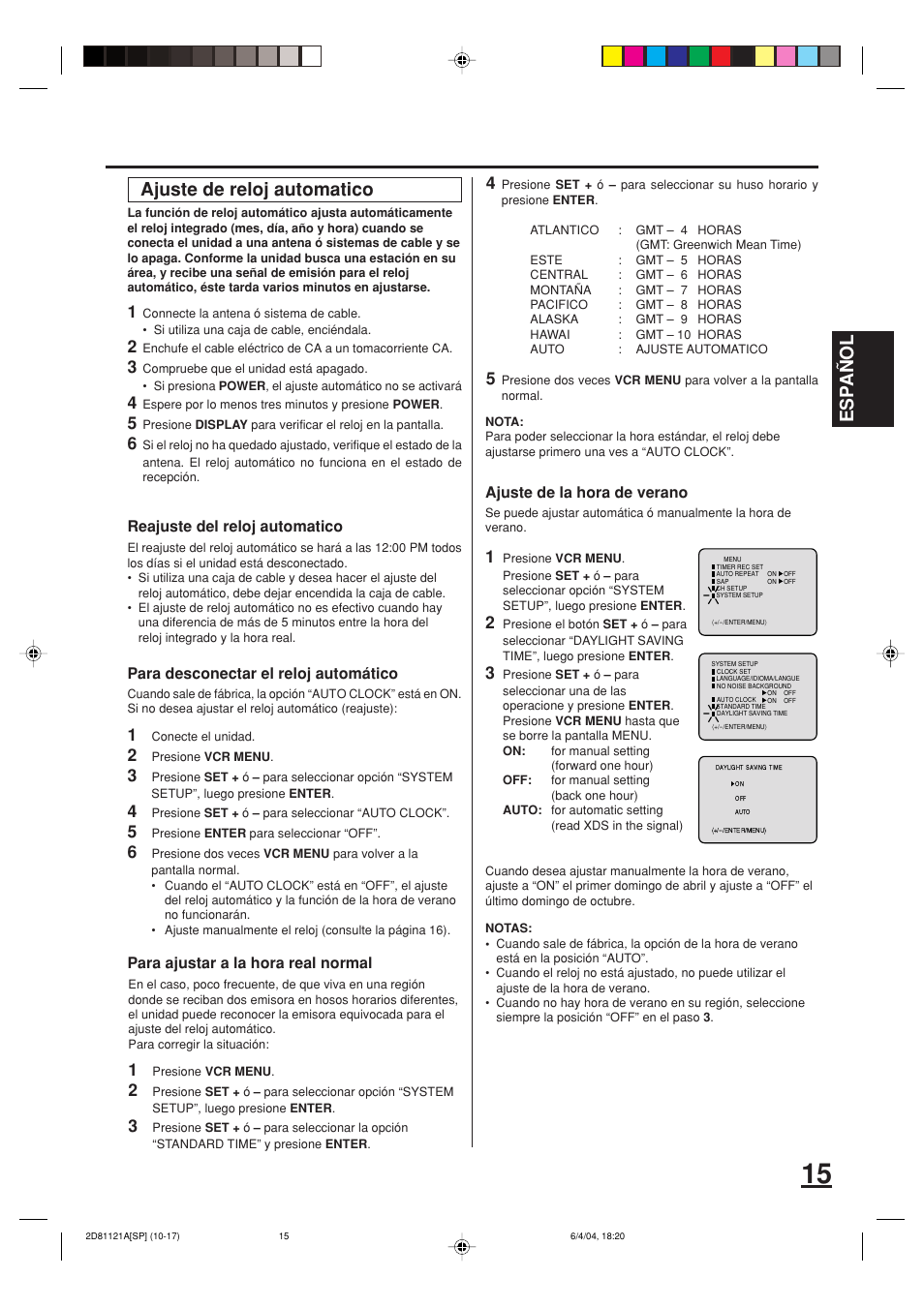 Esp a ñ ol, Ajuste de reloj automatico, Reajuste del reloj automatico | Para desconectar el reloj automático, Para ajustar a la hora real normal, Ajuste de la hora de verano | Memorex MVD4540C User Manual | Page 49 / 68