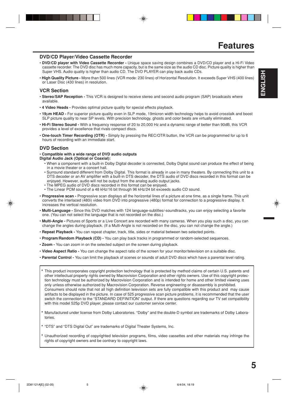 Features, English | Memorex MVD4540C User Manual | Page 5 / 68