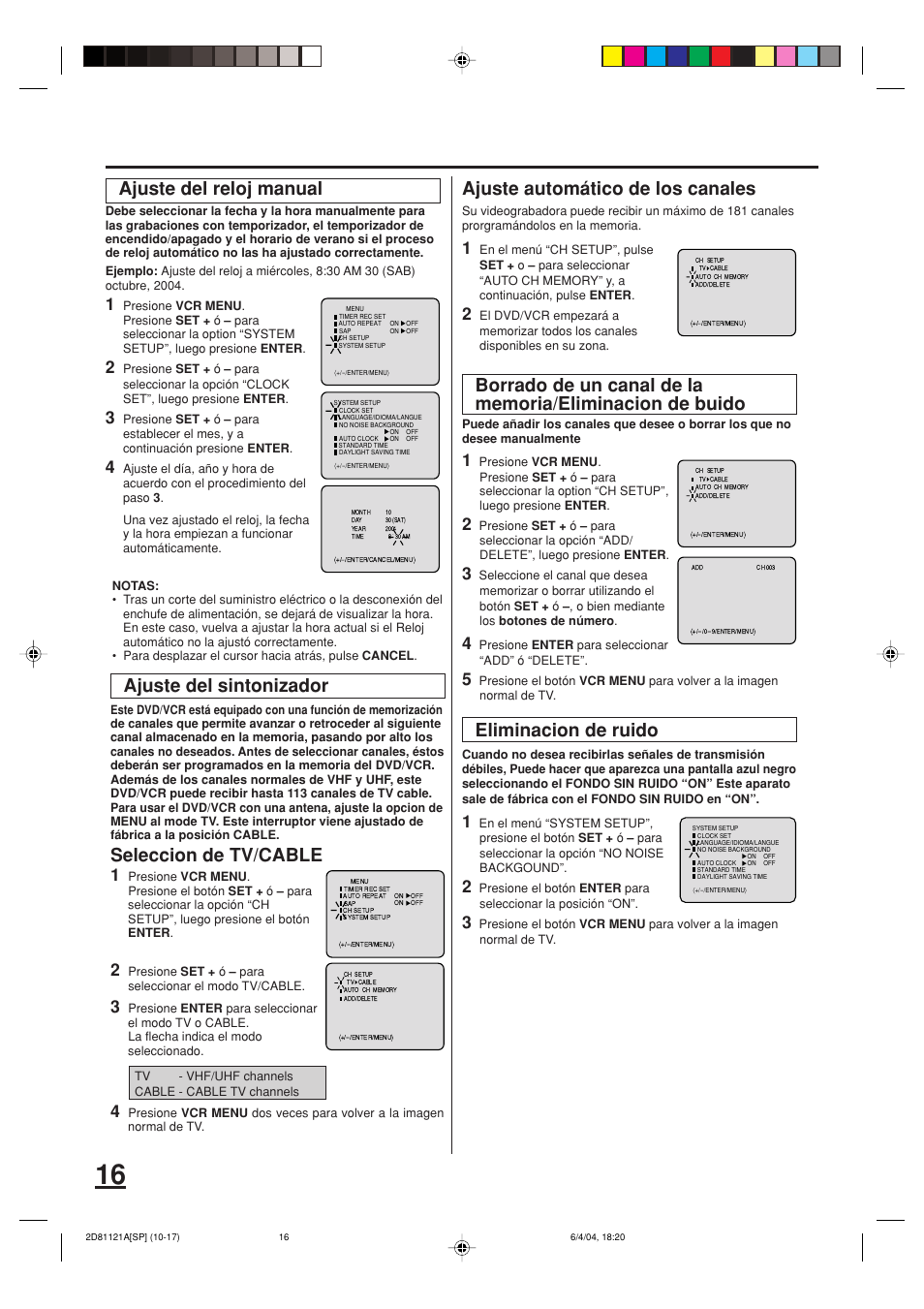 Ajuste del sintonizador seleccion de tv/cable, Ajuste automático de los canales, Eliminacion de ruido | Ajuste del reloj manual | Memorex MVD4540C User Manual | Page 50 / 68