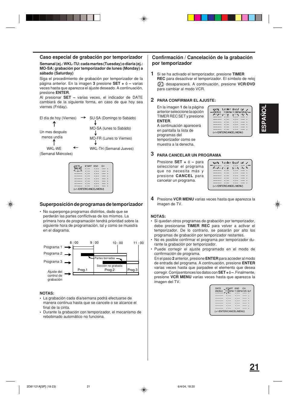 Esp a ñ ol, Caso especial de grabación por temporizador, Superposición de programas de temporizador | Memorex MVD4540C User Manual | Page 55 / 68