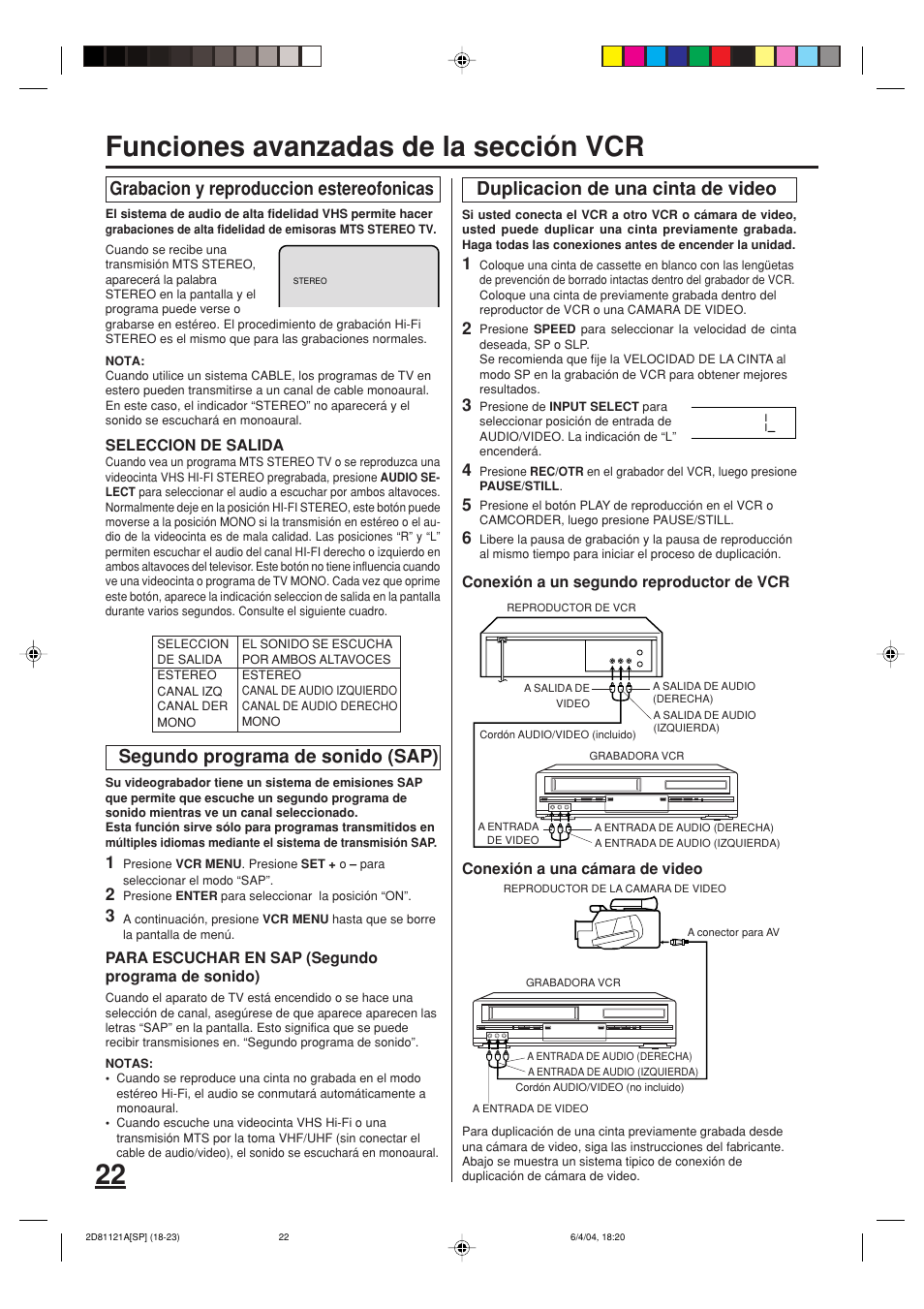 Funciones avanzadas de la sección vcr, Grabacion y reproduccion estereofonicas, Segundo programa de sonido (sap) | Duplicacion de una cinta de video | Memorex MVD4540C User Manual | Page 56 / 68