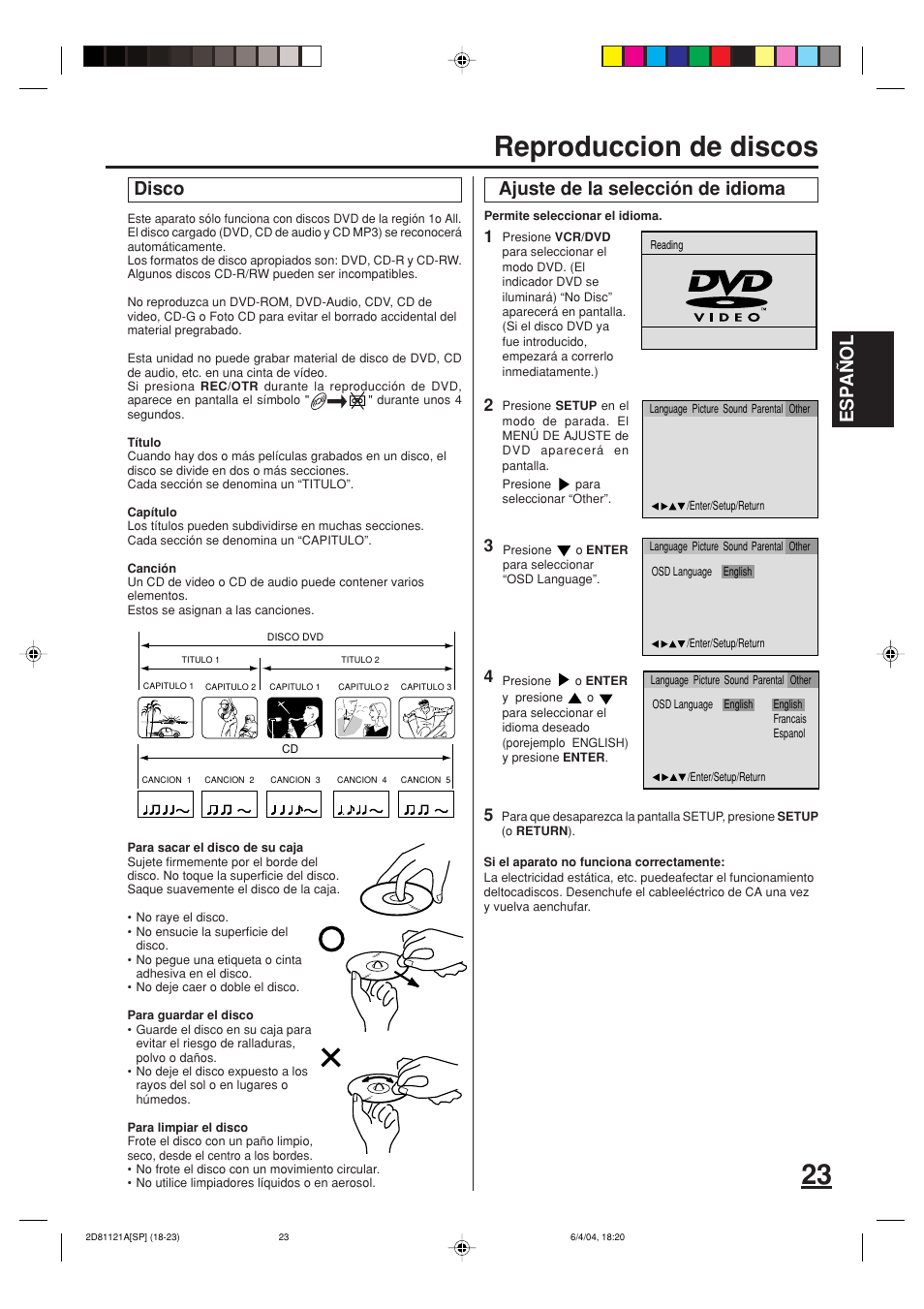 Reproduccion de discos, Esp a ñ ol, Disco ajuste de la selección de idioma | Memorex MVD4540C User Manual | Page 57 / 68