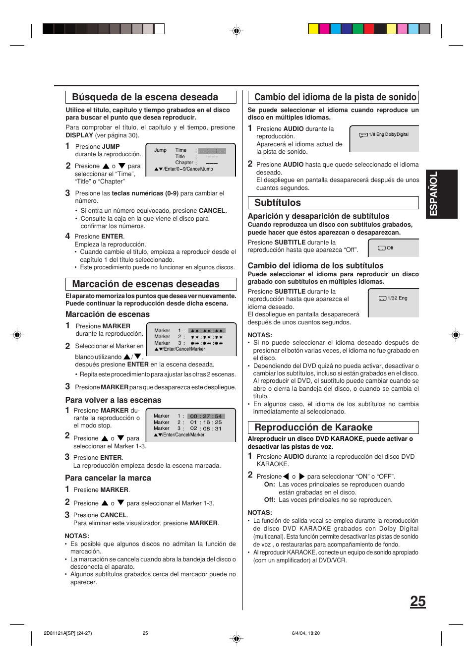 Esp a ñ ol, Búsqueda de la escena deseada, Marcación de escenas deseadas | Cambio del idioma de la pista de sonido, Subtítulos reproducción de karaoke | Memorex MVD4540C User Manual | Page 59 / 68