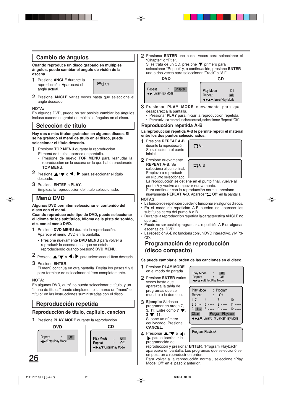 Cambio de ángulos, Selección de título, Menú dvd | Reproducción repetida, Programación de reproducción (disco compacto) | Memorex MVD4540C User Manual | Page 60 / 68