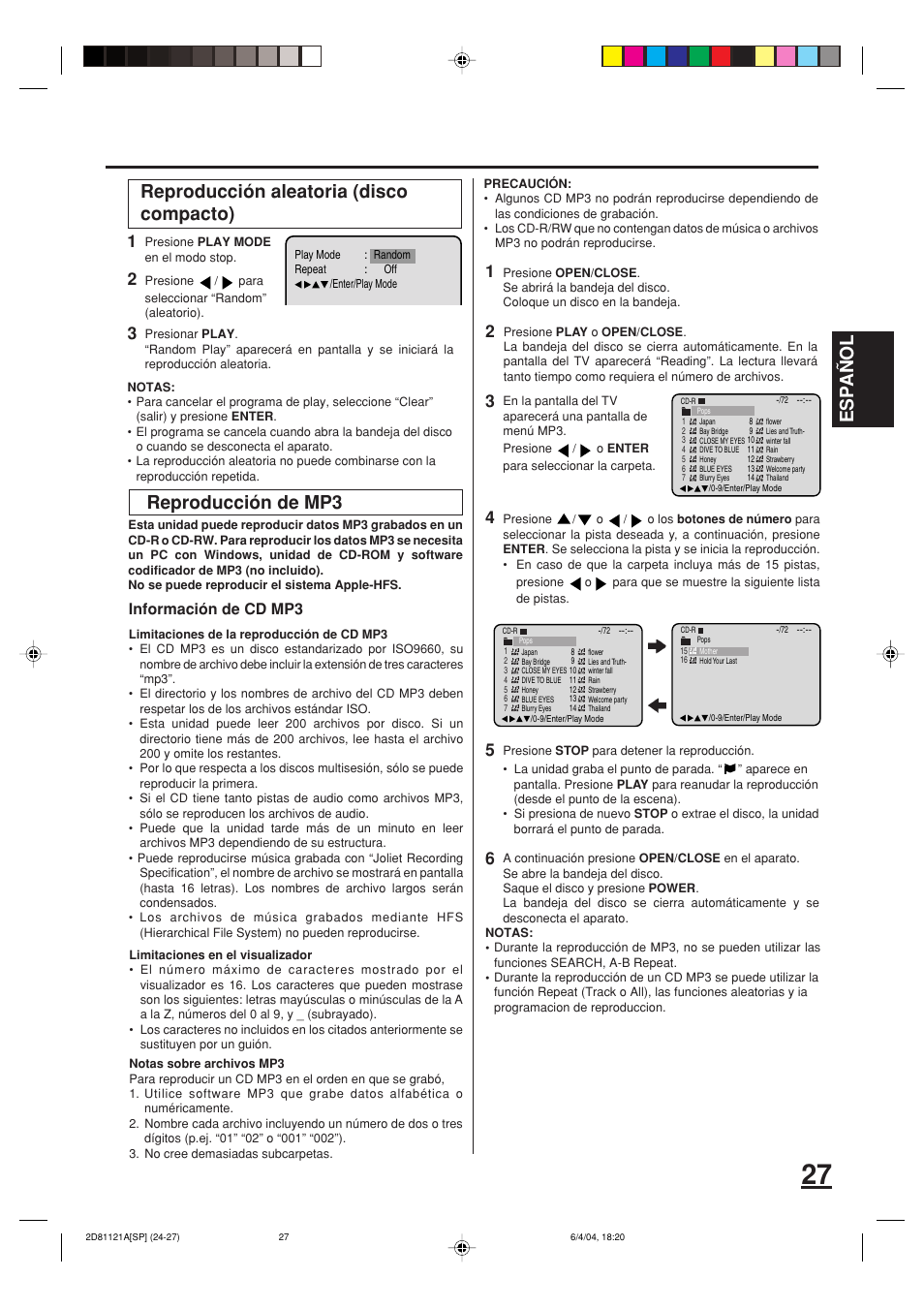 Esp a ñ ol, Reproducción aleatoria (disco compacto), Reproducción de mp3 | Información de cd mp3 | Memorex MVD4540C User Manual | Page 61 / 68